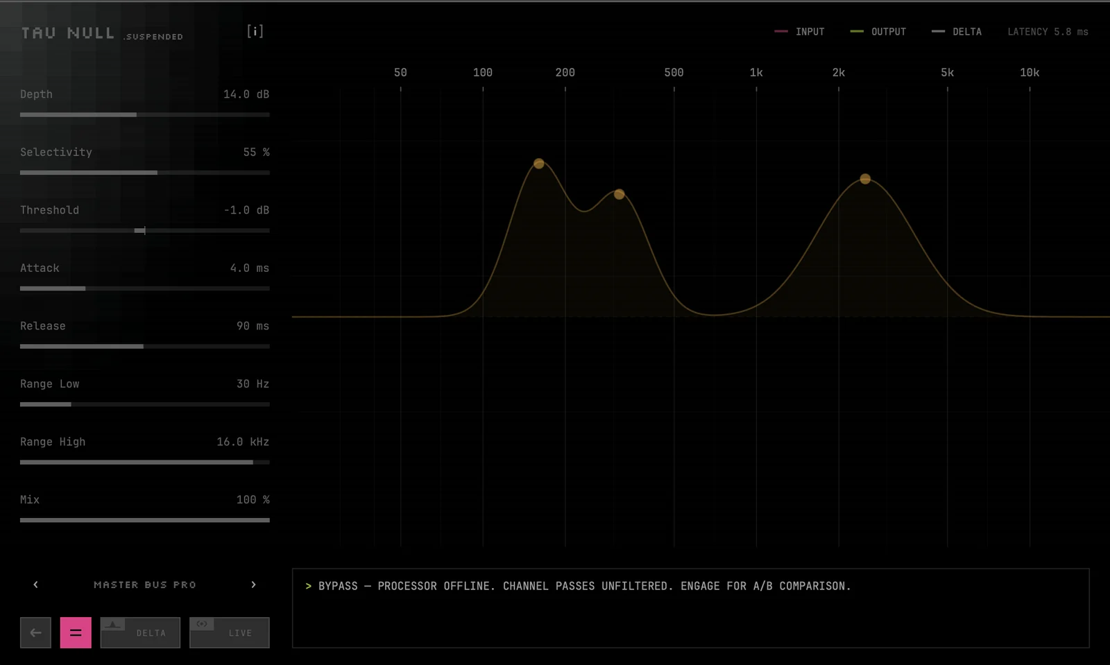 Tau Null bypassed: the interface is dimmed, the = button is lit pink and SUSPENDED appears next to the name