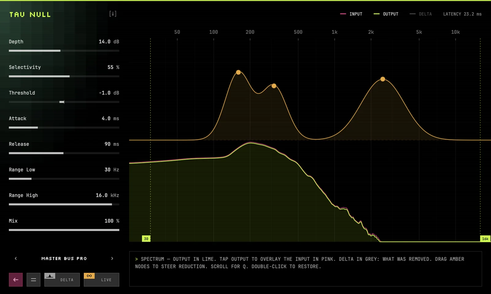 Spectrum display with the delta line hidden; DELTA in the legend is dimmed