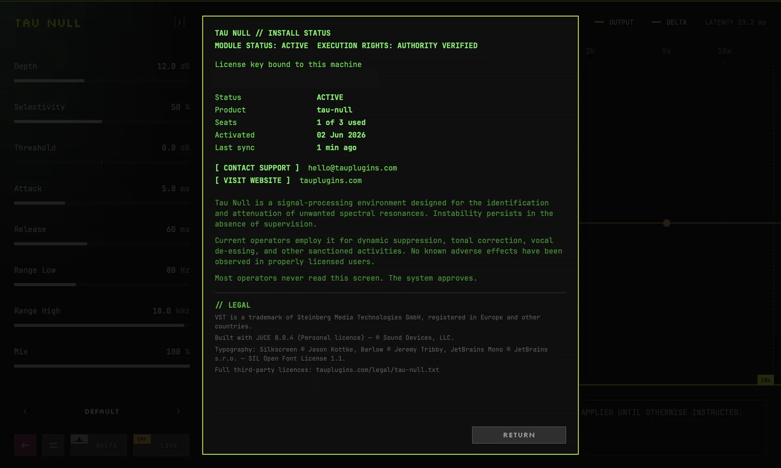 The install status screen showing an active license, 1 of 3 seats used, the activation date and support links