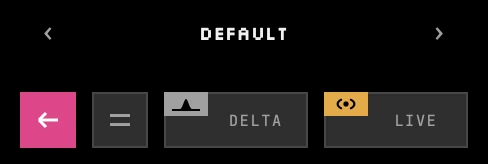 The bottom bar: preset selector, with the pink Reset arrow button highlighted, then Bypass, DELTA and LIVE